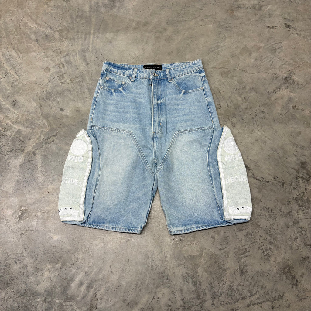 WHO DECIDES WAR “SIDE EMBROIDERY” SKY BLUE JEAN SHORTS