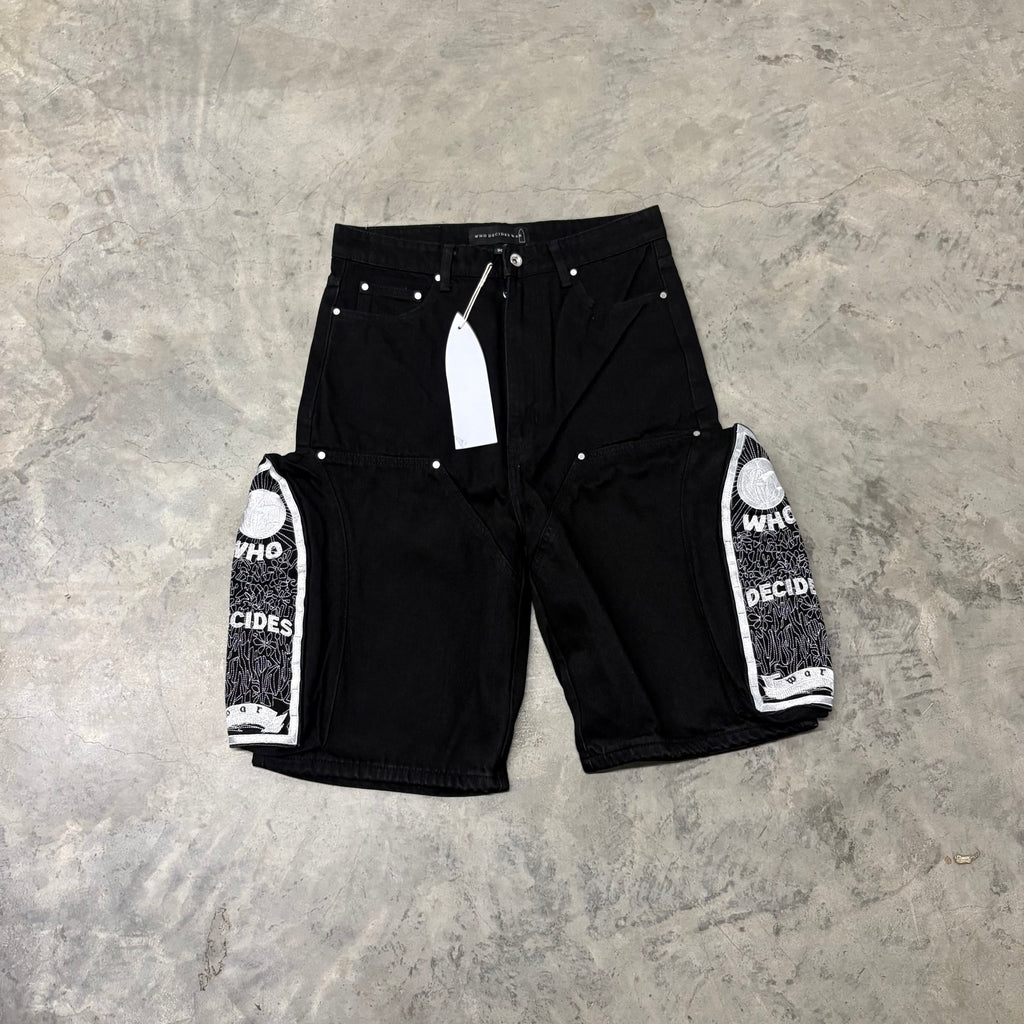 WHO DECIDES WAR “SIDE EMBROIDERY” COAL JEAN SHORTS