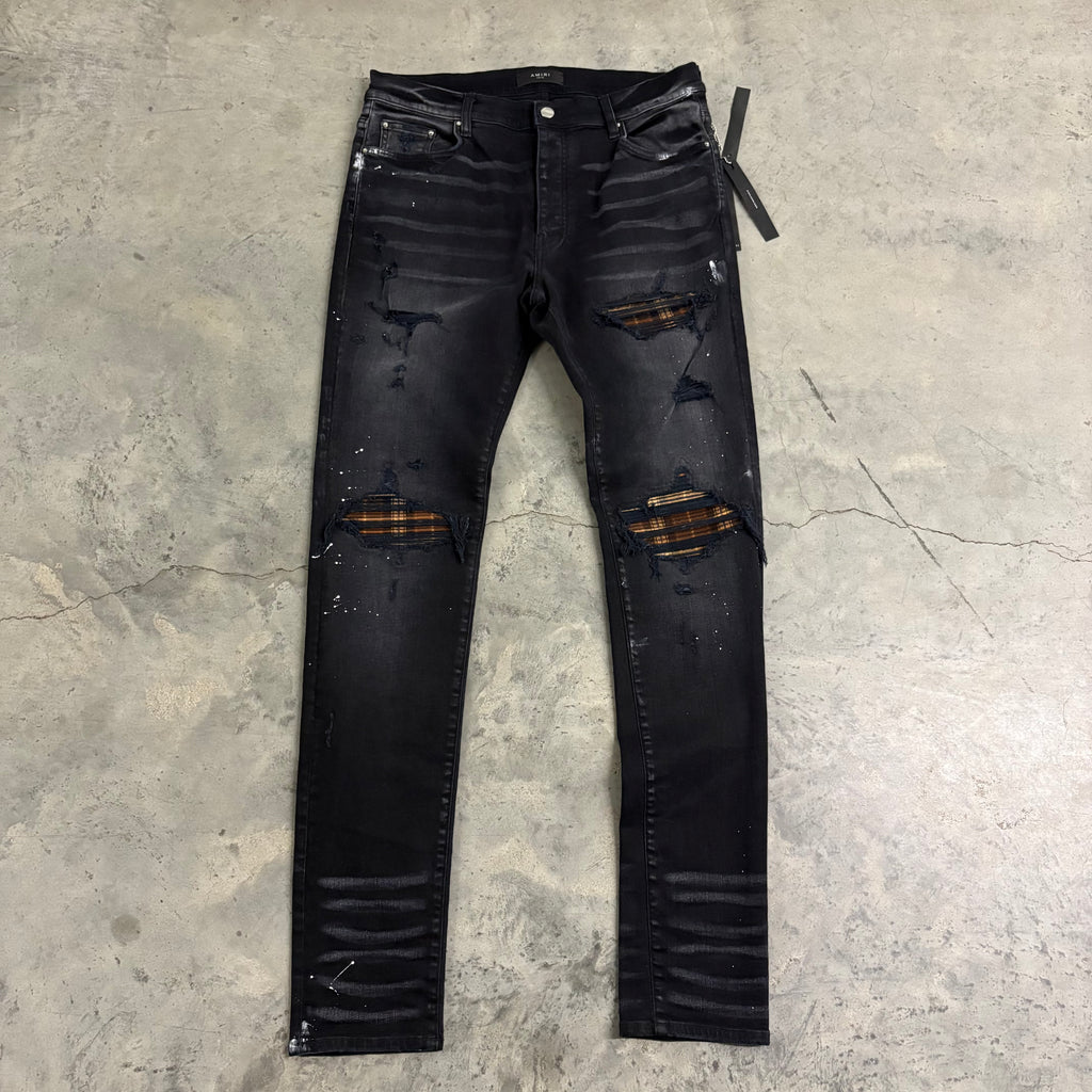 AMIRI JEANS “MX1 BROWN PLAID/ PAINT SPLATTER”