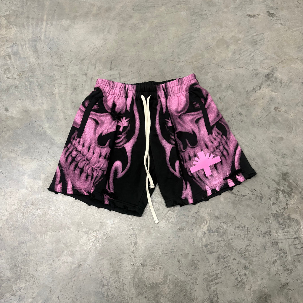 VERTABRAE “SKULL PINK DISTRESSED” SHORTS